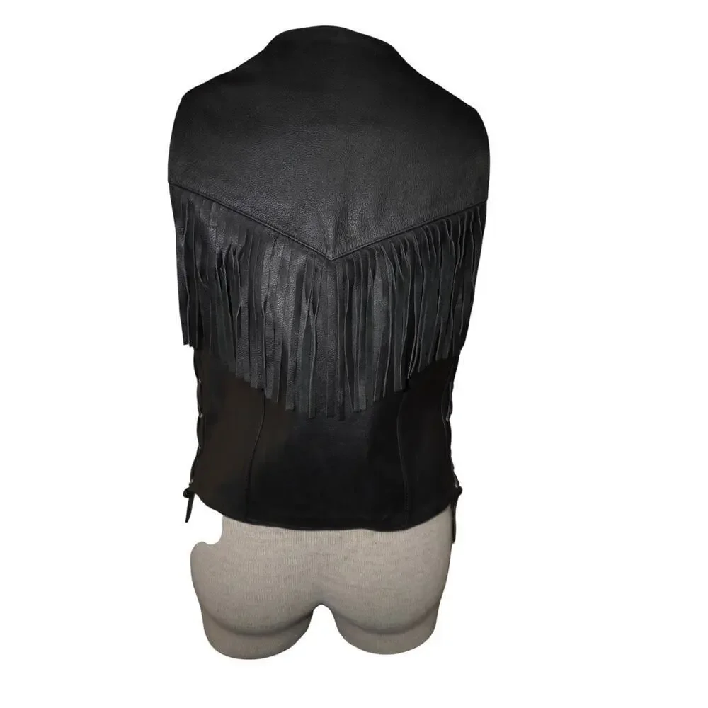 Vintage Black Leather Fringe Biker Vest Men’s M/L — Western Motorcycle Side Lace